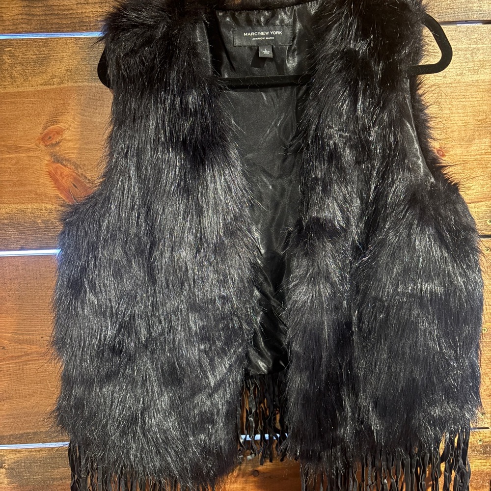 Marc New York Black Faux Fur Vest with Fringe